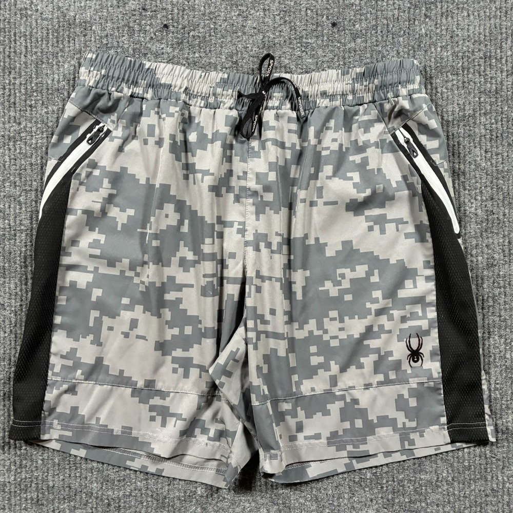 Spyder Active Mens Athletic Shorts W33" Gray Digital Camo Zip Pocket Performance